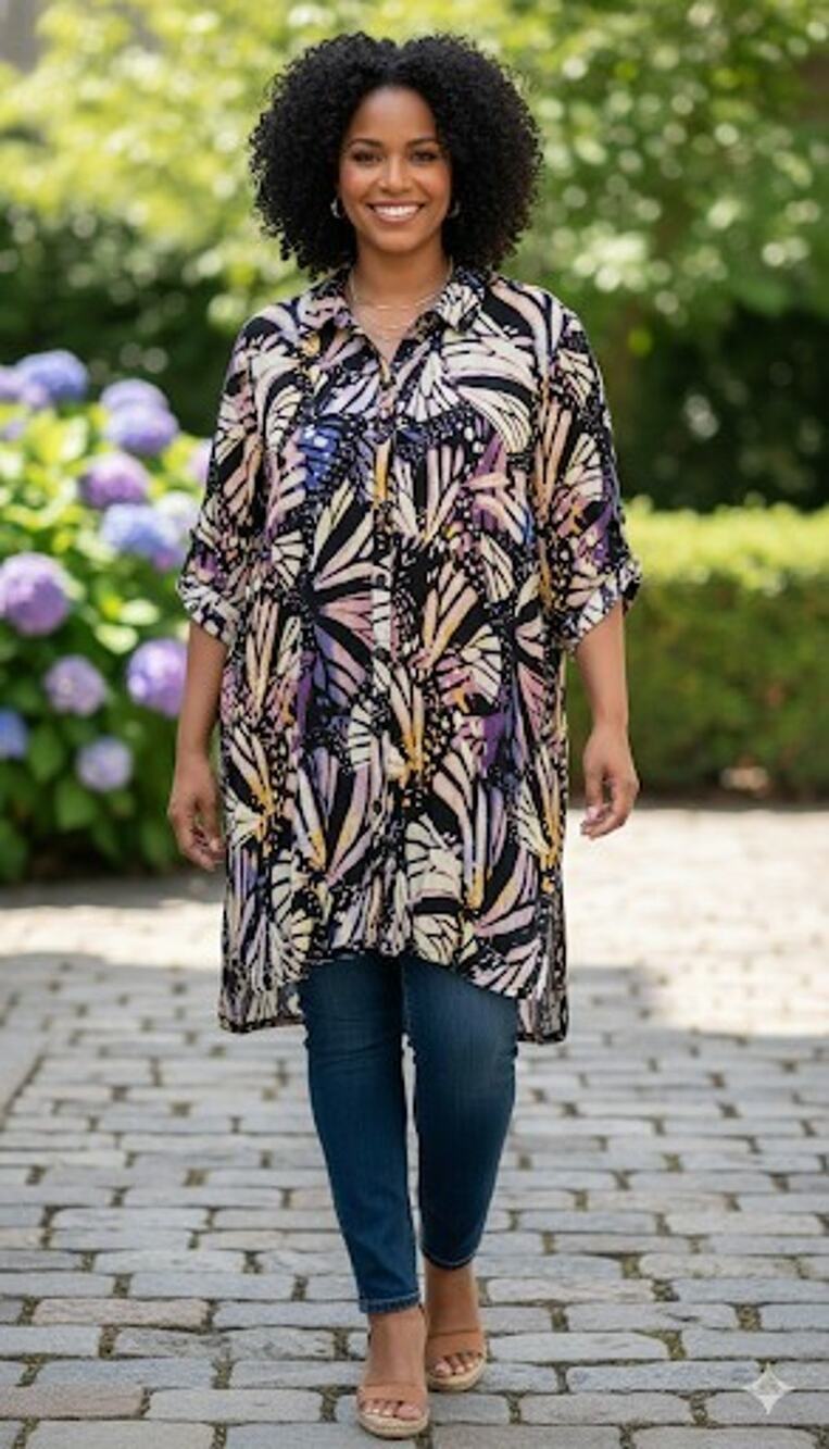 Roaman’s 30W Butterfly Print Button Front Tunic Roll-Tab Sleeve Plus Size Blouse